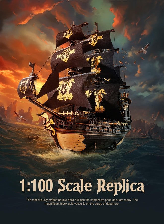 ROBOTIME Seahorse 3D Wooden Puzzles for Adults, Black Sailboat Model Kits for Boys and Men, Home Office Decor Gifts Pirate Ship Building (603 Pcs) - Image 2